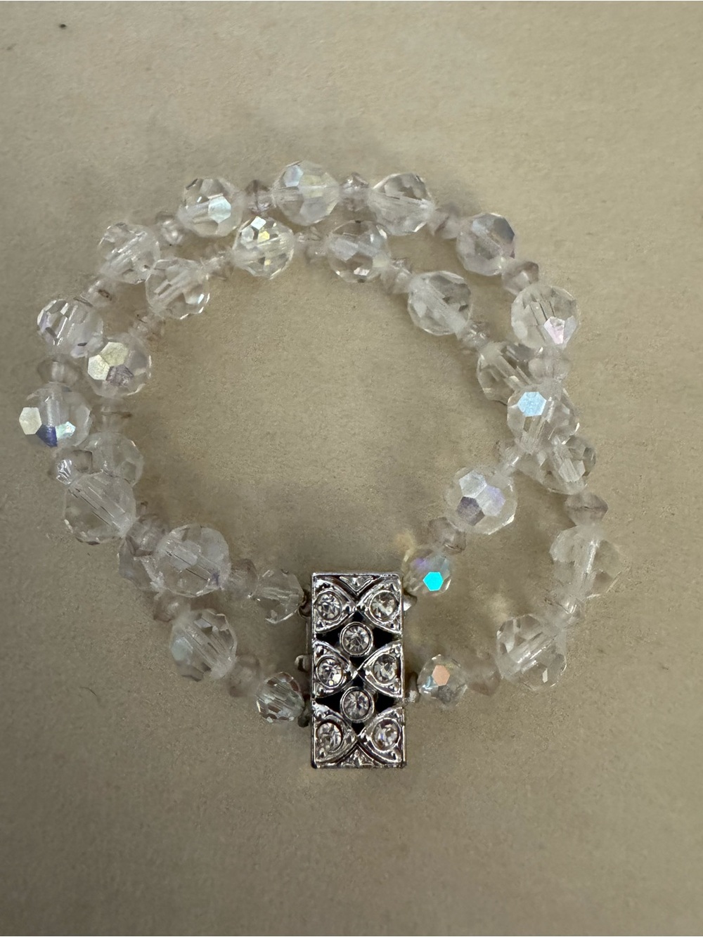 Vintage 1950s Aurora Borealis Double Strand Crystal Bracelet Rhinestone Clasp